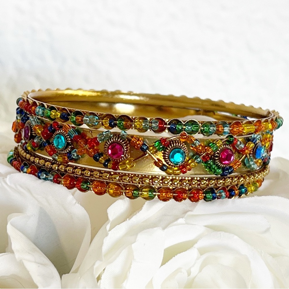 Beaded and Rhinestone Stack Bangle Bracelets - Picture 4 of 6
